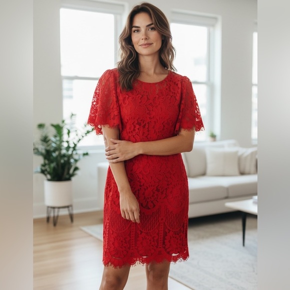 Lulus Red Lace Sheath Dress Short Sleeve Scalloped Hem Size M NWT - Picture 2 of 13